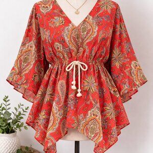 ZARA Boho Paisley Blouse Size L Red Flowy Peplum Tie Waist Top